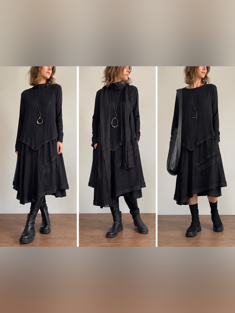 Moyuru Japan Avant Garde Lagenlook Black Layered Cotton Minimalist Dress Size M